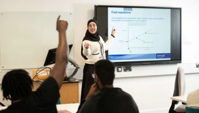Business lecture with academic and students