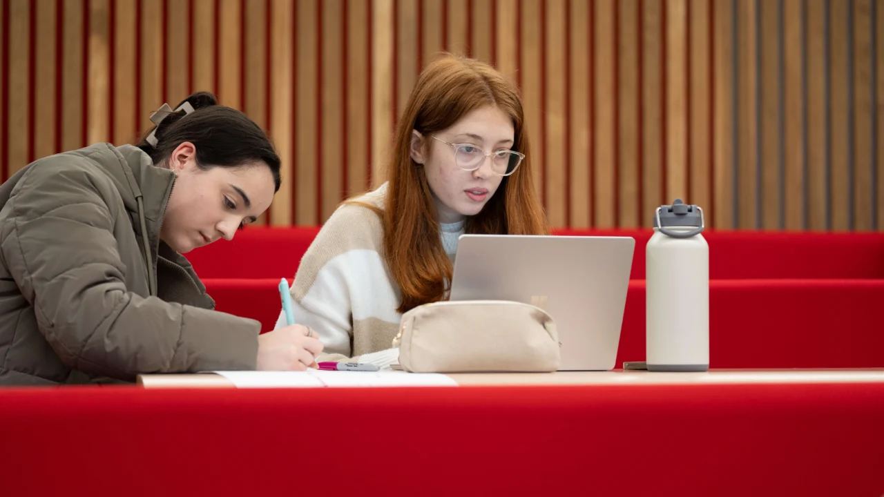 Two students in lecture room on laptop