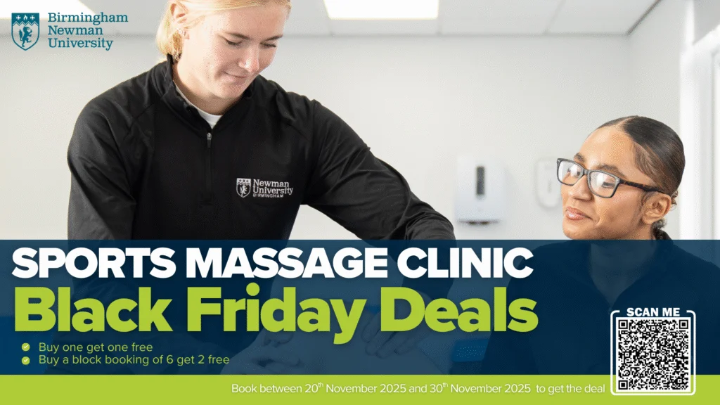 Sports massage clinic, Black Friday Deals. Buy one get one free, buy a block booking of 6 get 2 free. Book between 20 - 30 November 2025 to get the deal.