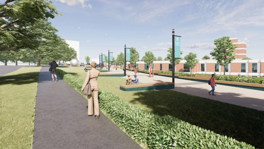 Artist impression of Birmingham Newman University planned frontage, with grass, seating and walkways