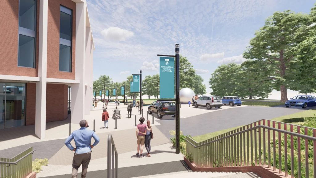Artist impression of Birmingham Newman University planned frontage, with grass, seating and walkways, car park